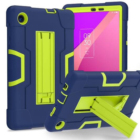 Navy tablet case with lime accents, built-in kickstand, and cutouts for ports