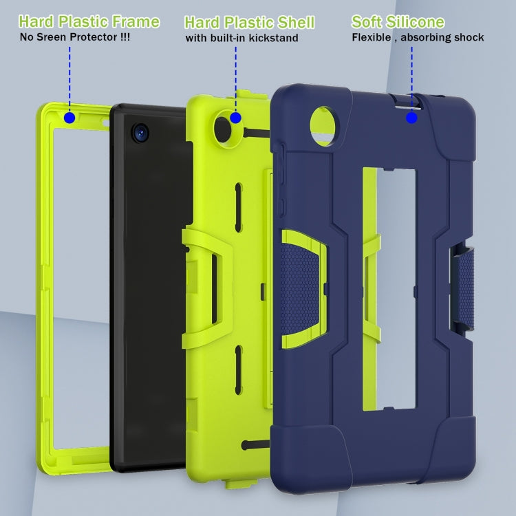 Three-tone tablet case with hard frame and soft silicone shell, kickstand support