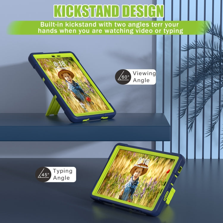 Navy tablet case with lime kickstand, propping tablet for video and typing angles