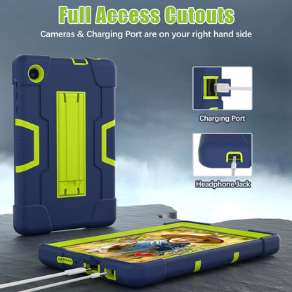 Navy tablet case with lime cutouts, built-in kickstand, camera and charging access