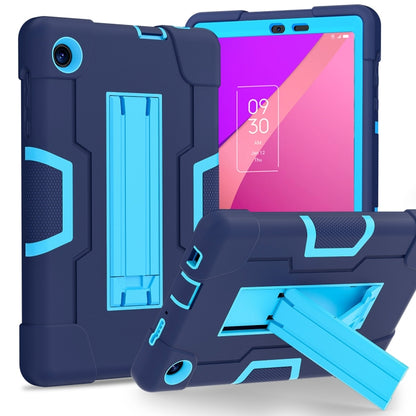 Navy tablet case with cyan accents, built-in kickstand and side port cutouts