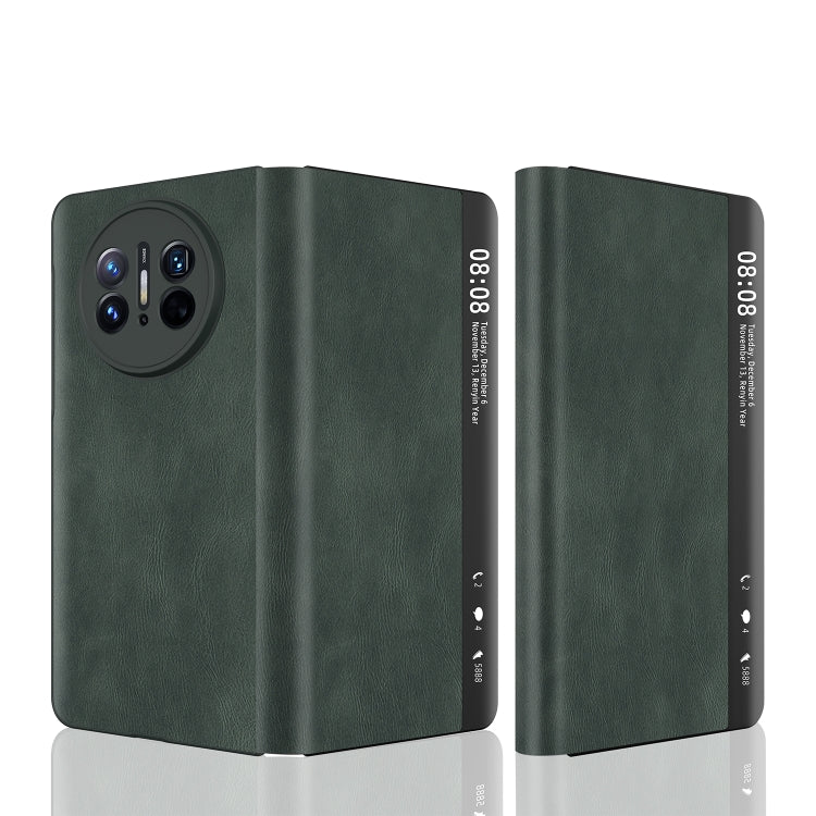 Green leather foldable phone case with magnetic side window for Huawei Mate X3