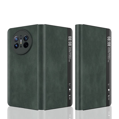 Green leather foldable phone case with magnetic side window for Huawei Mate X3