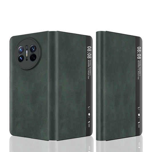 Green leather foldable phone case with magnetic side window for Huawei Mate X3