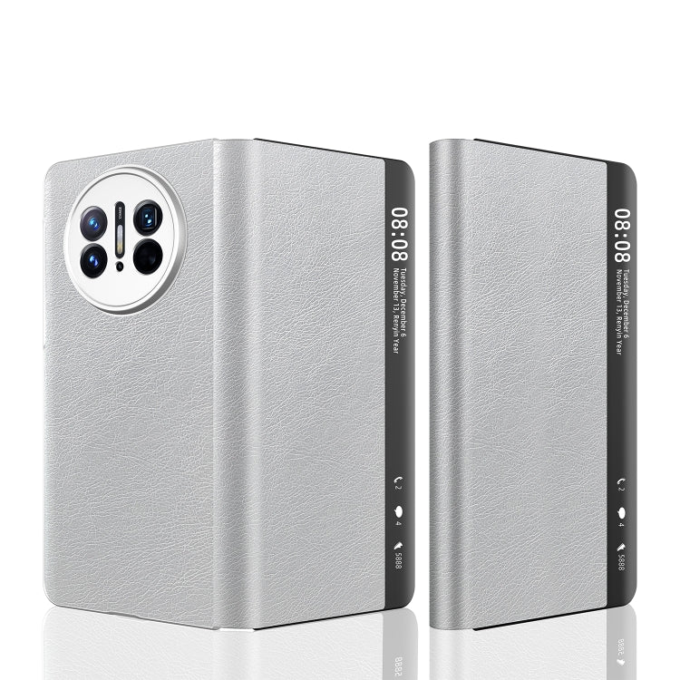Silver leather foldable phone case with magnetic side window for Huawei Mate X3