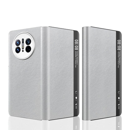 Silver leather foldable phone case with magnetic side window for Huawei Mate X3
