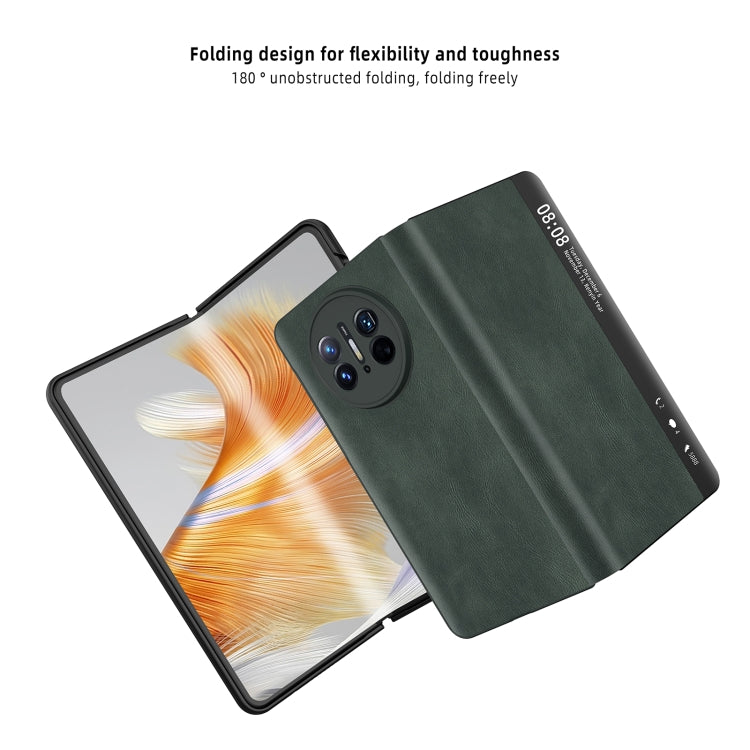 Green leather foldable phone case with magnetic side window and camera cutout