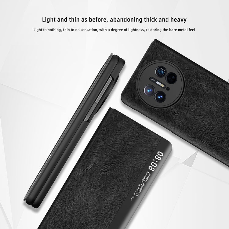 Black leather foldable phone case with magnetic side window and camera cutout