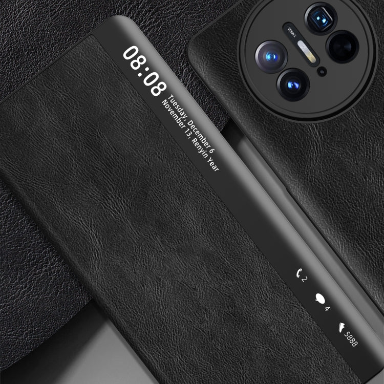 Black leather foldable phone case with side magnetic closure and camera cutout