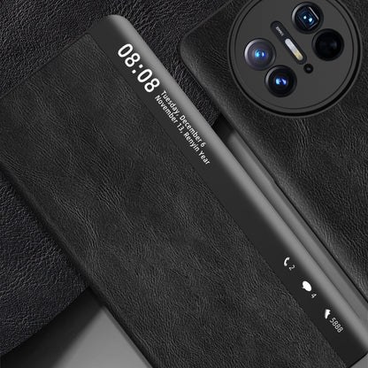 Black leather foldable phone case with side magnetic closure and camera cutout