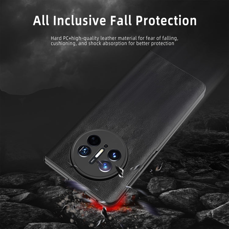 Black leather foldable phone case with magnetic side window and protective flap