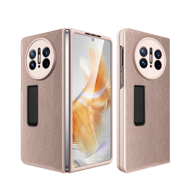 Litchi-textured shockproof phone case with built-in holder, light gold, for foldable phone