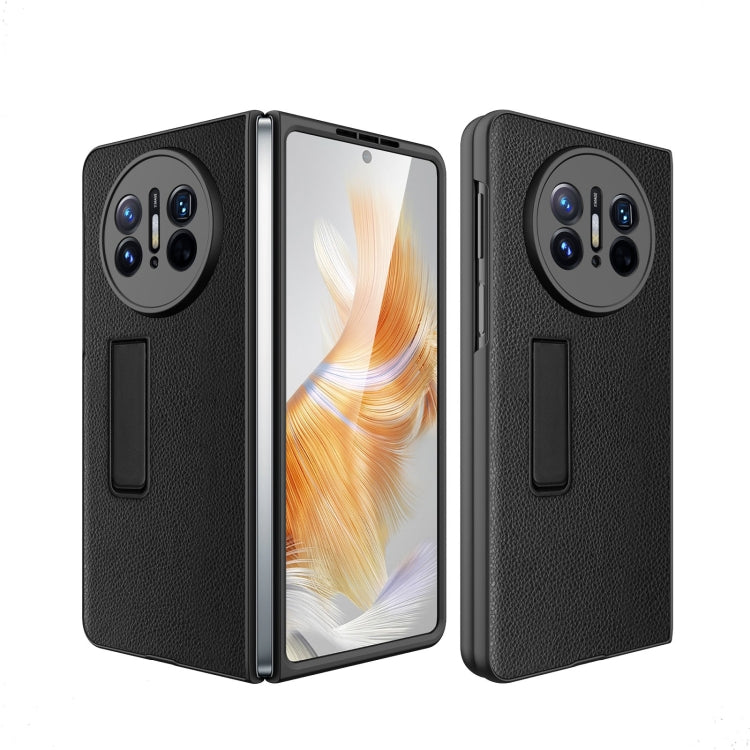 Litchi-textured shockproof phone case with built-in holder, black, for foldable phone