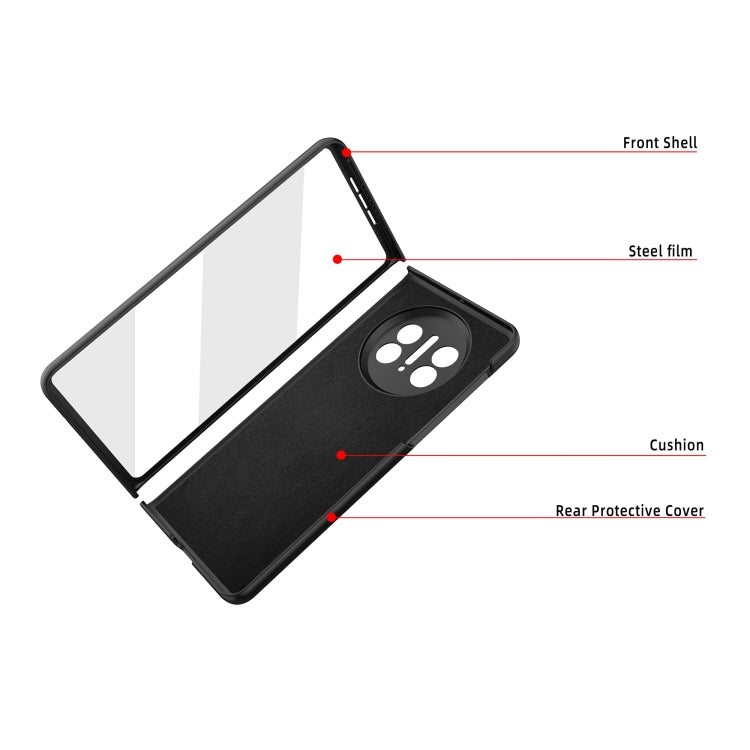 Litchi-textured phone case layers: front shell, steel film, cushioning, rear cover