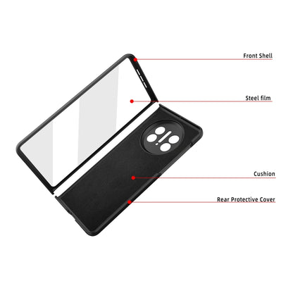 Litchi-textured phone case layers: front shell, steel film, cushioning, rear cover