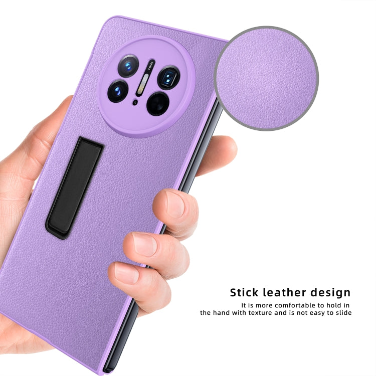 Purple litchi-textured phone case in hand, with built-in holder and camera cutouts
