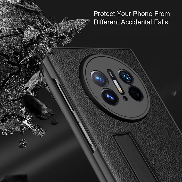 Black litchi-textured shockproof phone case with camera cutouts and holder