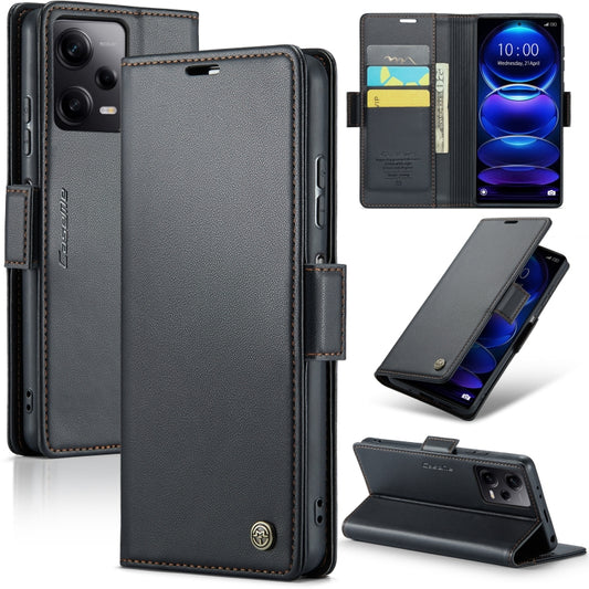 Textured leather flip phone wallet case with side buckle, card slots, and camera cutouts.