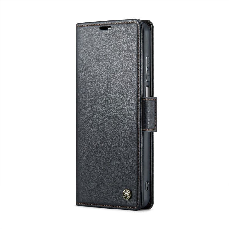 Black litchi-texture leather folio phone case, side view with button cutouts