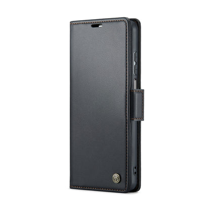 Black litchi-texture leather folio phone case, side view with button cutouts