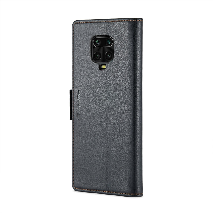 Black litchi-texture leather phone case with camera cutout and stitched edges