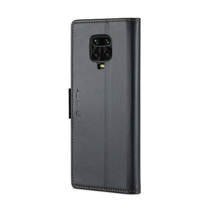 Black litchi-texture leather phone case with camera cutout and stitched edges