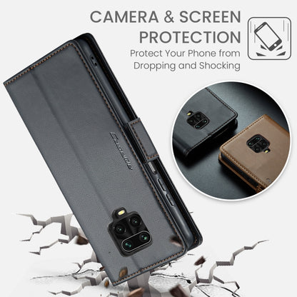 Black leather folio phone case with camera cutout and protective corner stance