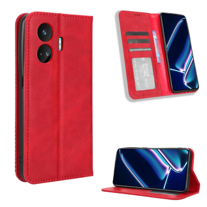 Red leather folio phone case with card slots and magnetic closure, plus kickstand