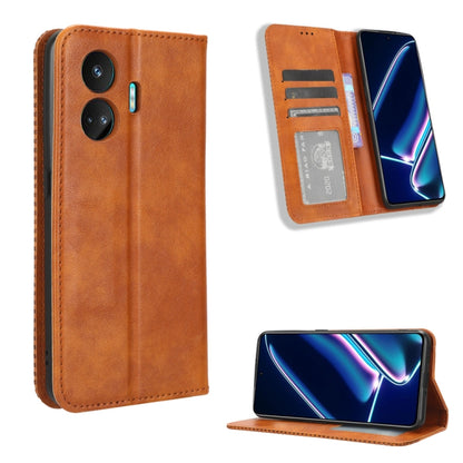 Brown retro leather magnetic buckle phone case with card slot and viewing stand