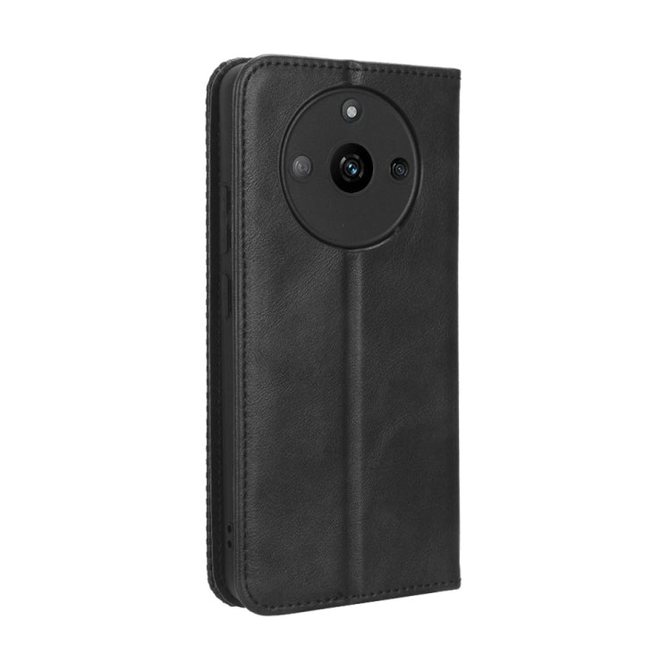 Black leather folio phone case with circular camera cutout and vertical stitching