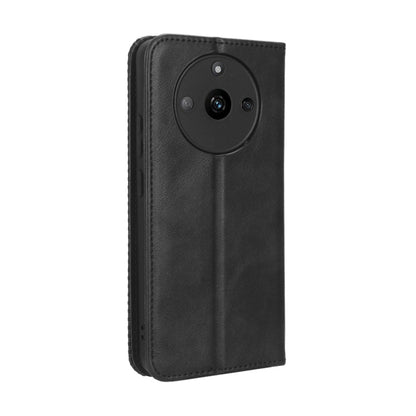 Black leather folio phone case with circular camera cutout and vertical stitching