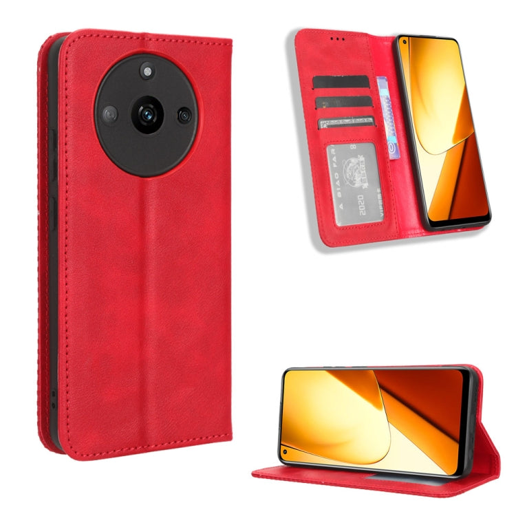Red leather magnetic buckle folio phone case with card slots and camera cutout