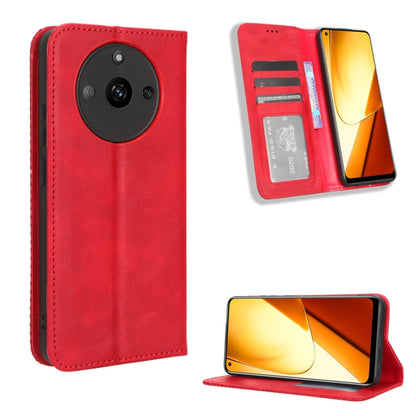 Red leather magnetic buckle folio phone case with card slots and camera cutout