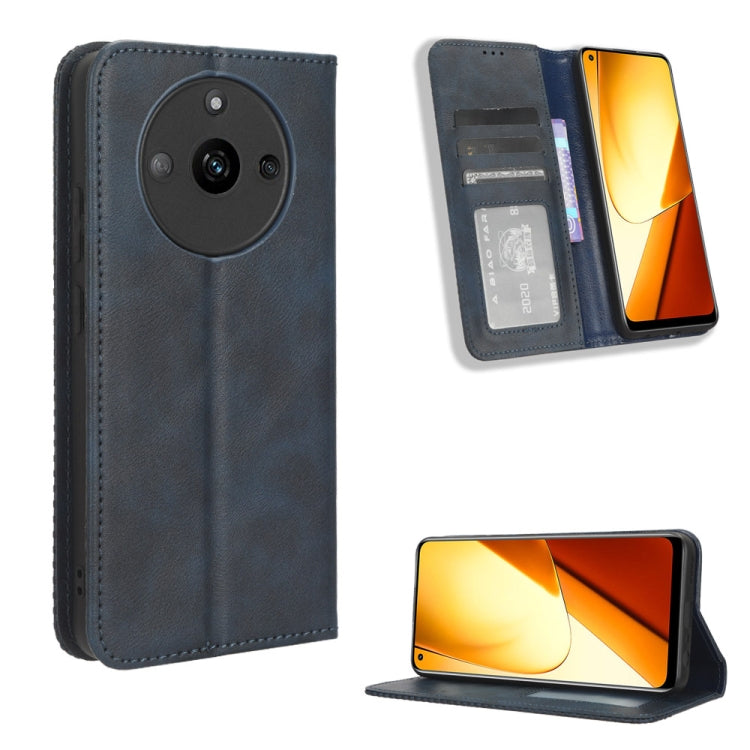 Blue leather magnetic buckle folio phone case with card slots and camera cutout