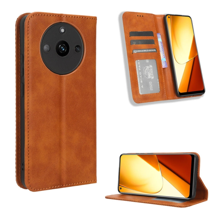 Brown leather magnetic buckle folio phone case with card slots and camera cutout