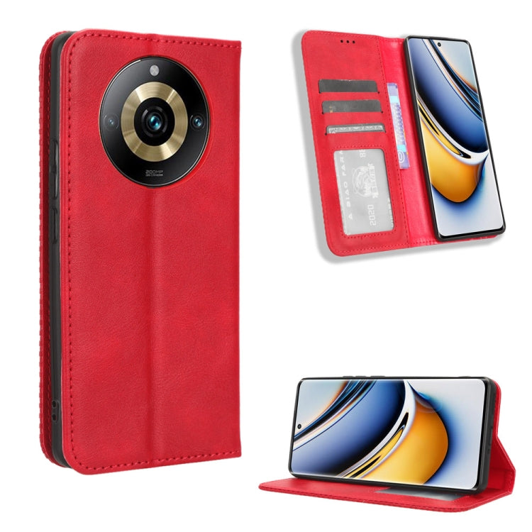 Red leather folio phone case with card slots and magnetic closure, plus kickstand