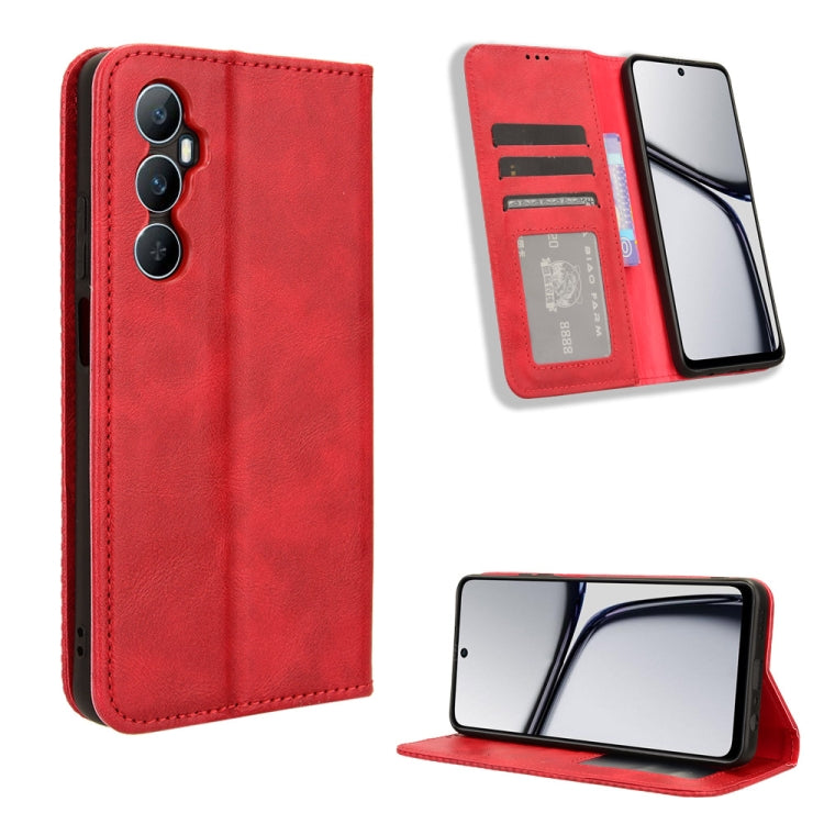 Red leather folio phone case with card slots and magnetic closure, plus kickstand