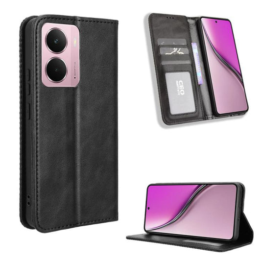 Magnetic buckle retro leather phone case with card slot and kickstand, black