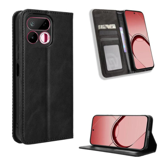 Magnetic buckle leather phone case with card slots and circular camera cutouts, black