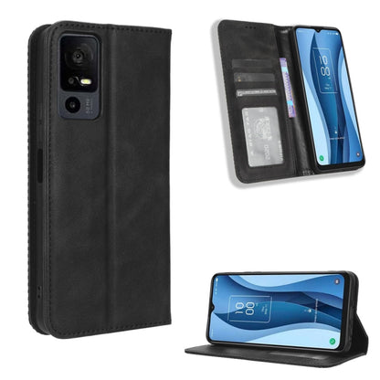 Black leather phone case with magnetic closure and card slots, retro textured finish