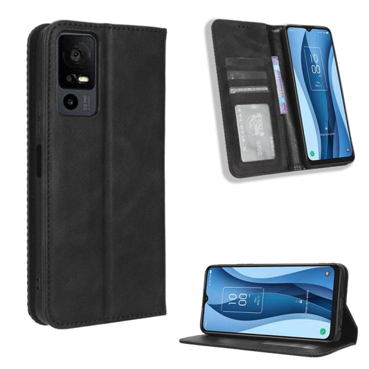 Black leather phone case with magnetic closure and card slots, retro textured finish