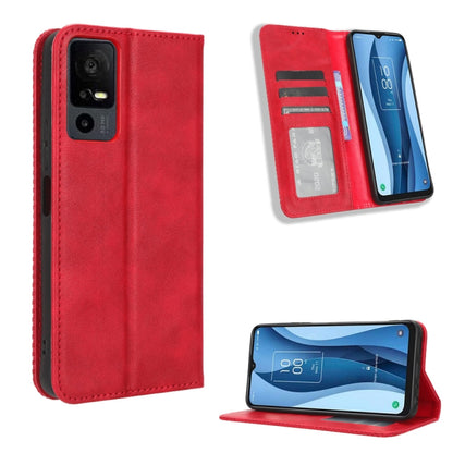 Red leather phone case with magnetic closure and inner card slots, retro textured