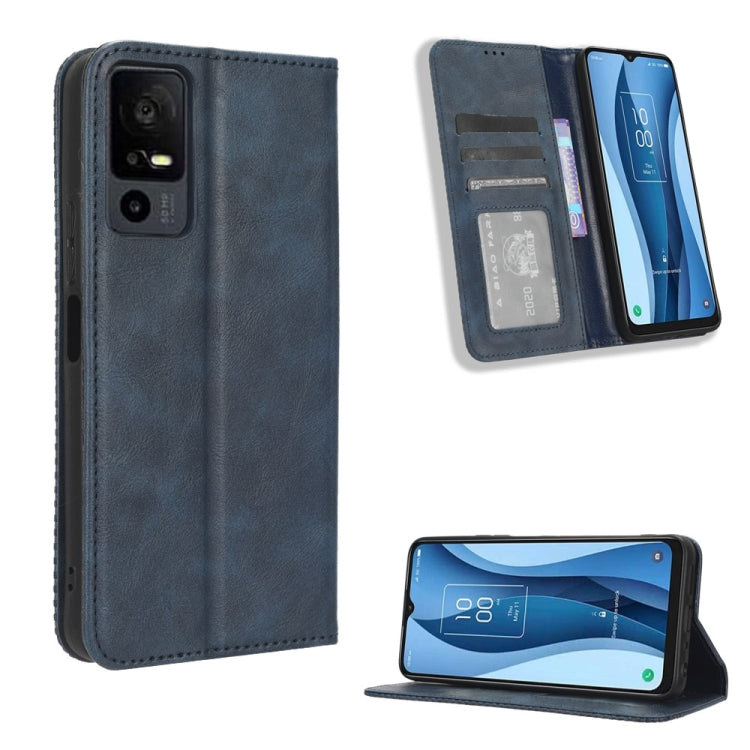 Dark blue leather phone case with magnetic closure, inner card slots, retro texture