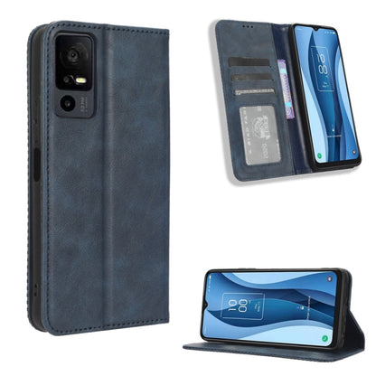 Dark blue leather phone case with magnetic closure, inner card slots, retro texture