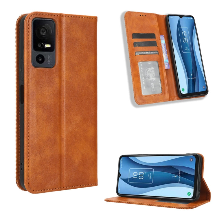 Brown leather phone case with magnetic closure and card slots, retro textured finish