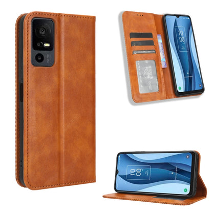 Brown leather phone case with magnetic closure and card slots, retro textured finish
