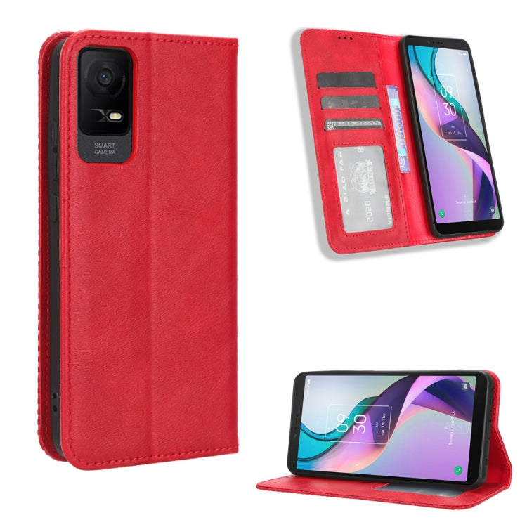 Red retro textured leather phone case with magnetic flap and card holder slots