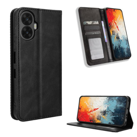 Black retro texture leather phone case with magnetic closure, card slots, and stand