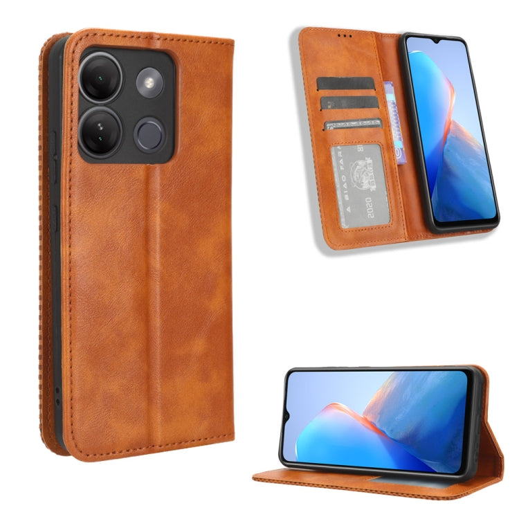 Orange brown magnetic buckle leather phone case with card slot and kickstand