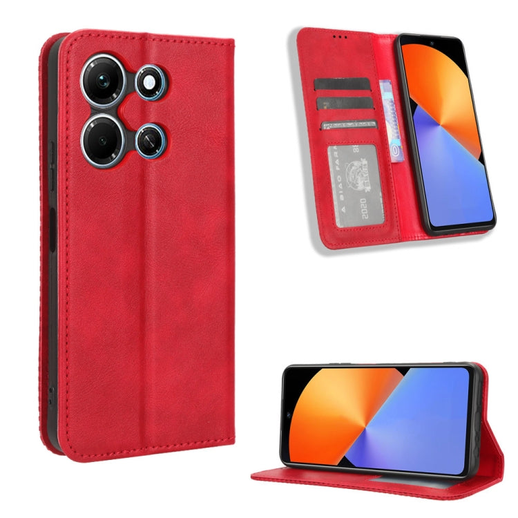 Red magnetic buckle leather phone case with card slot and flip stand